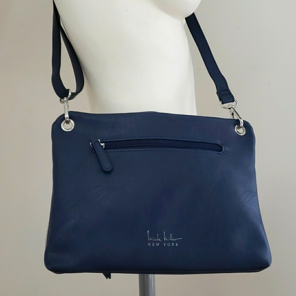 Nicole Miller Navy Faux Leather Crossbody Bag with adjustable strap. 11" x 8" - Picture 1 of 16